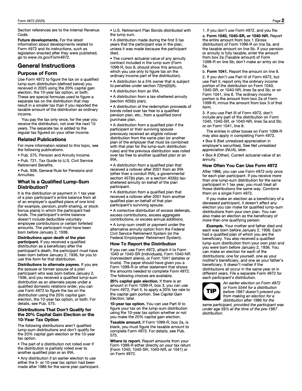 Page 2 of 4 of the official IRS Form 4972 PDF (2025 edition): instructions