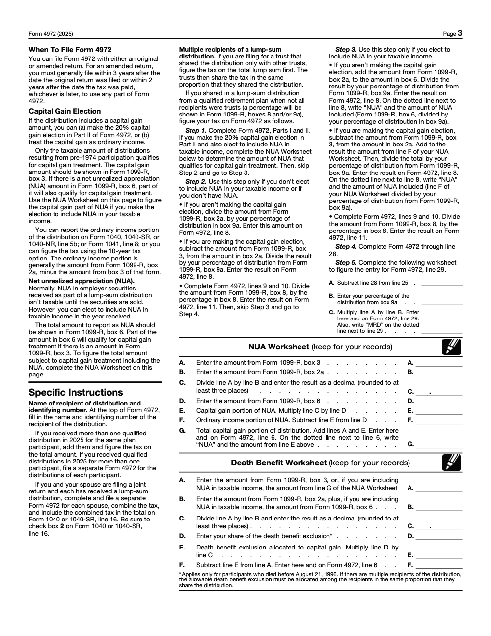 Page 3 of 4 of the official IRS Form 4972 PDF (2025 edition): Part II; instructions