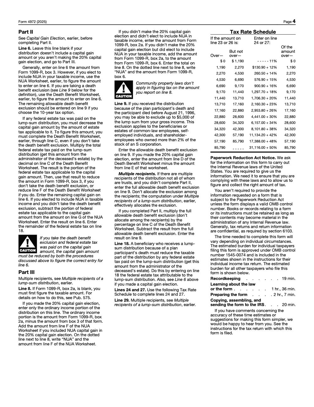 Page 4 of 4 of the official IRS Form 4972 PDF (2025 edition): Parts II, III
