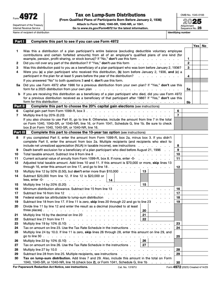 Page 1 of 4 of the official IRS Form 4972 PDF (2025 edition): Parts I, II, III