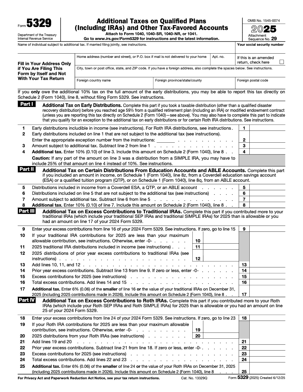 Page 1 of 3 of the official IRS IRS Form 5329 PDF (2025 edition): Parts I, II