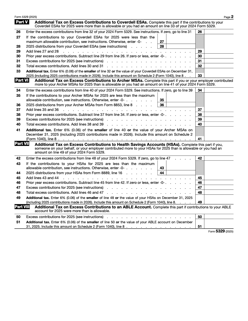Page 2 of 3 of the official IRS IRS Form 5329 PDF (2025 edition): Parts V, VI, VII