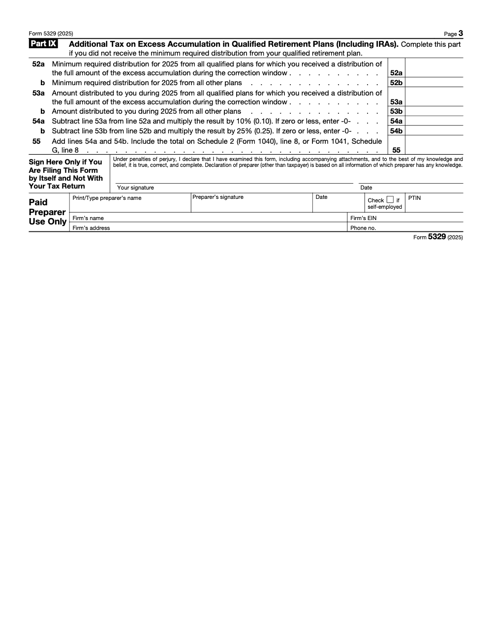 Page 3 of 3 of the official IRS IRS Form 5329 PDF (2025 edition): Part IX