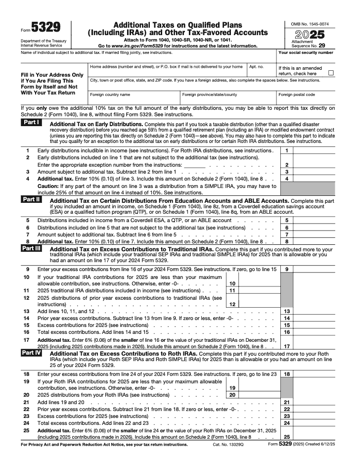Page 1 of 3 of the official IRS IRS Form 5329 PDF (2025 edition): Parts I, II