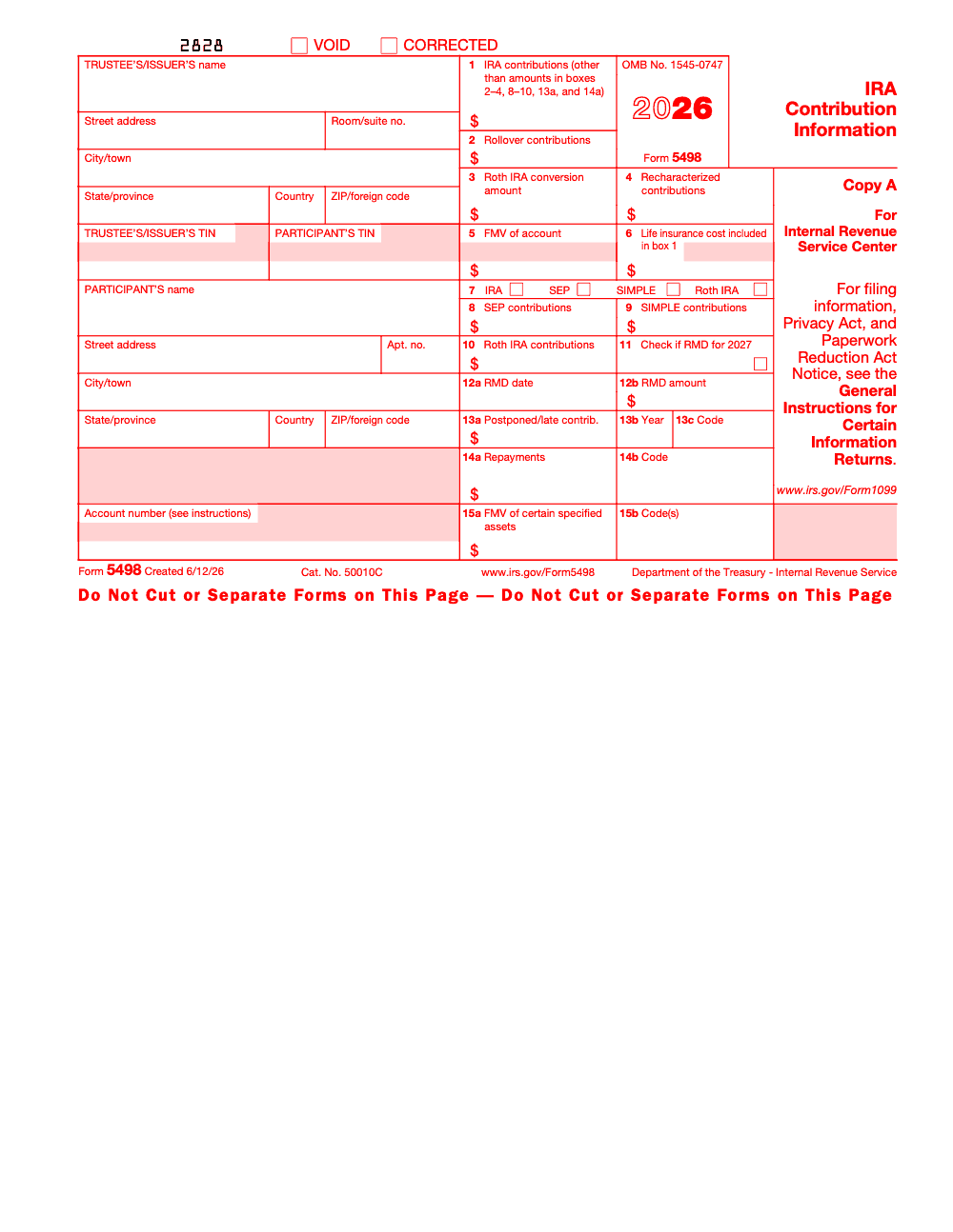 Page 2 of 4 of the official IRS Form 5498 PDF (2026 edition): Copy A