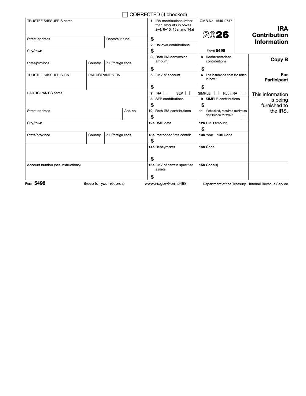 Page 3 of 4 of the official IRS Form 5498 PDF (2026 edition): Copy B