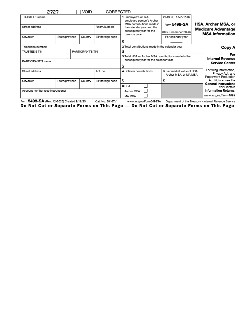 Page 1 of 3 of the official IRS Form 5498-SA PDF (Rev. December 2026): Copy A; instructions