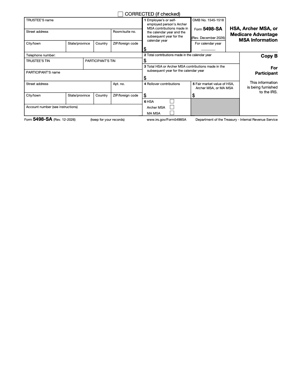 Page 2 of 3 of the official IRS Form 5498-SA PDF (Rev. December 2026): Copy B