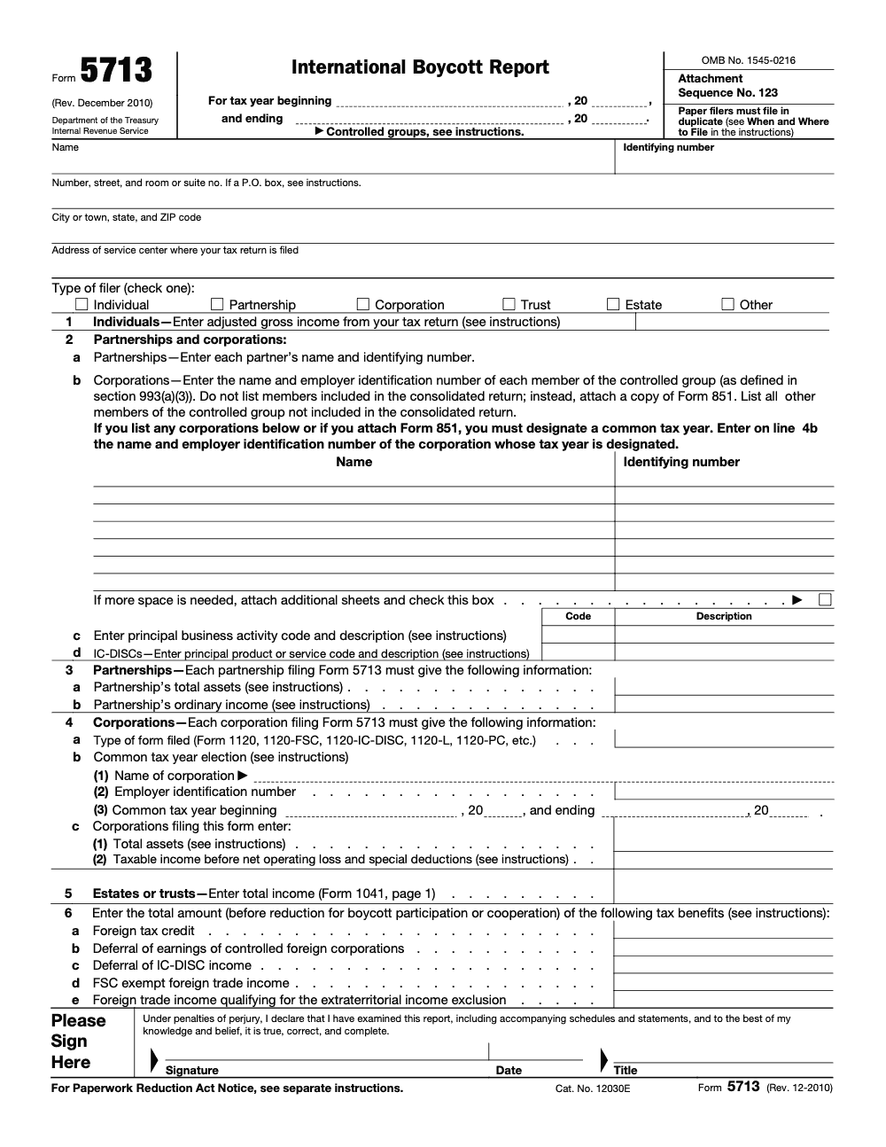 Page 1 of 4 of the official IRS Form 5713 Guide PDF (Rev. December 2010)