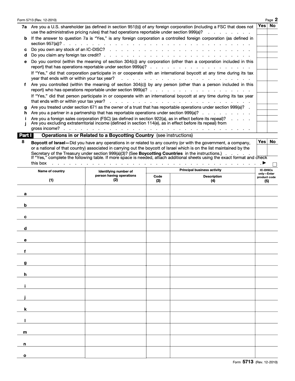 Page 2 of 4 of the official IRS Form 5713 Guide PDF (Rev. December 2010): Part I