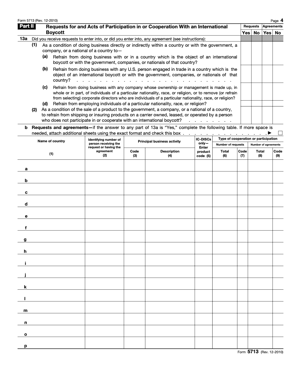 Page 4 of 4 of the official IRS Form 5713 Guide PDF (Rev. December 2010): Part II
