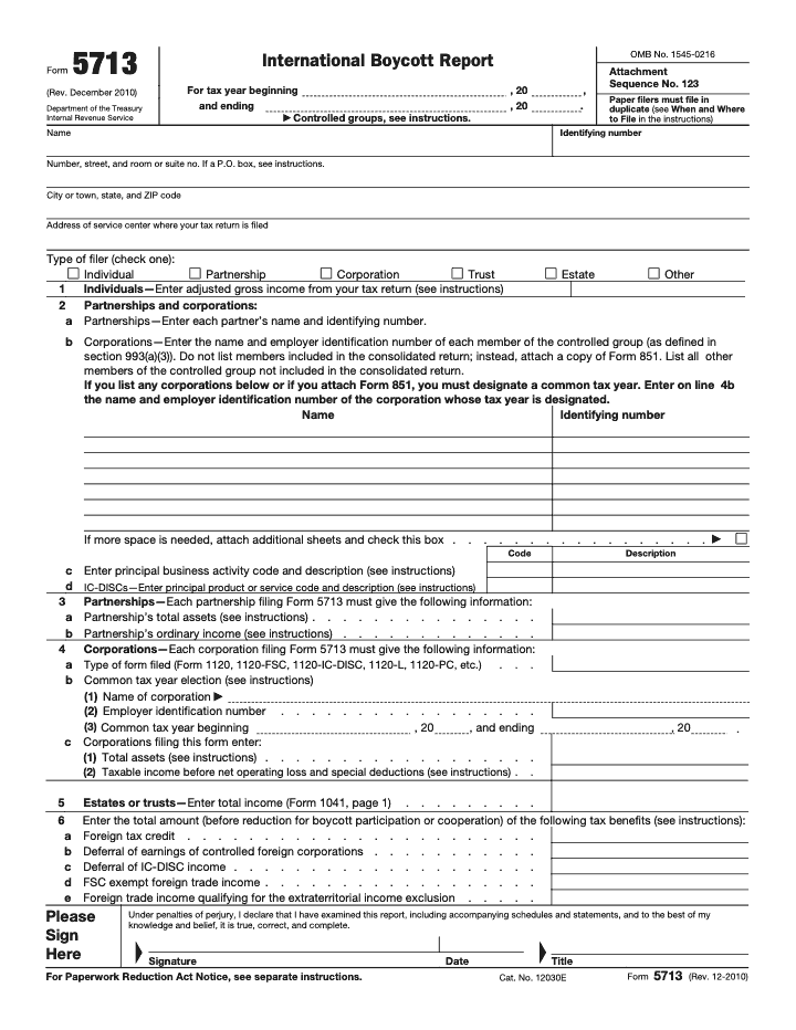 Page 1 of 4 of the official IRS Form 5713 Guide PDF (Rev. December 2010)