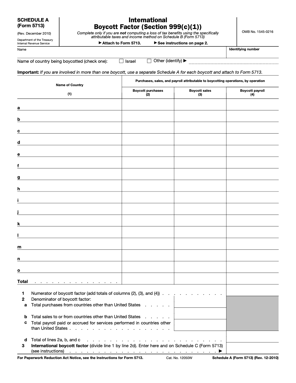 Page 1 of 2 of the official IRS Form 5713 Schedule A PDF (Rev. December 2010)