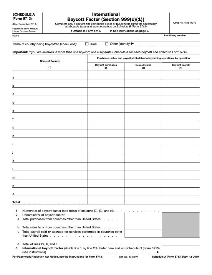 Page 1 of 2 of the official IRS Form 5713 Schedule A PDF (Rev. December 2010)