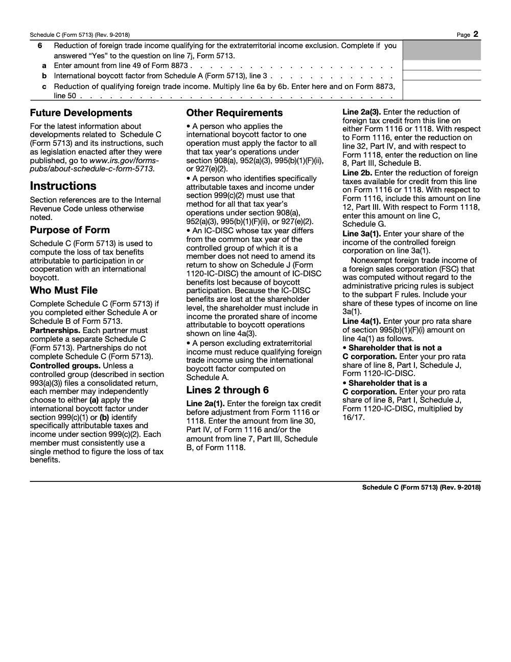 Page 2 of 2 of the official IRS Form 5713 Schedule C PDF (Rev. September 2018)