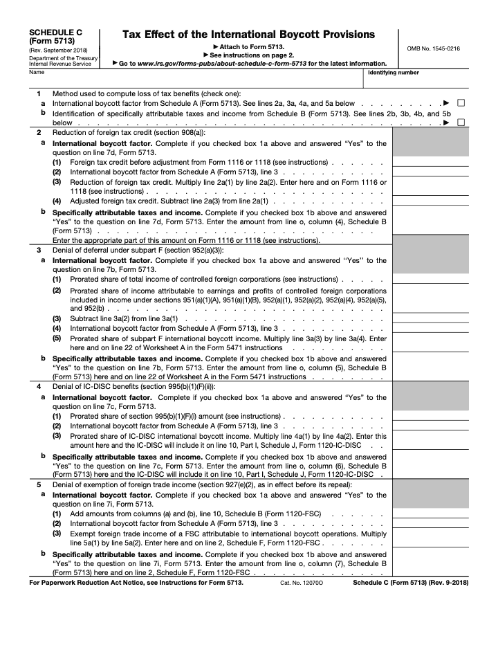 Page 1 of 2 of the official IRS Form 5713 Schedule C PDF (Rev. September 2018)