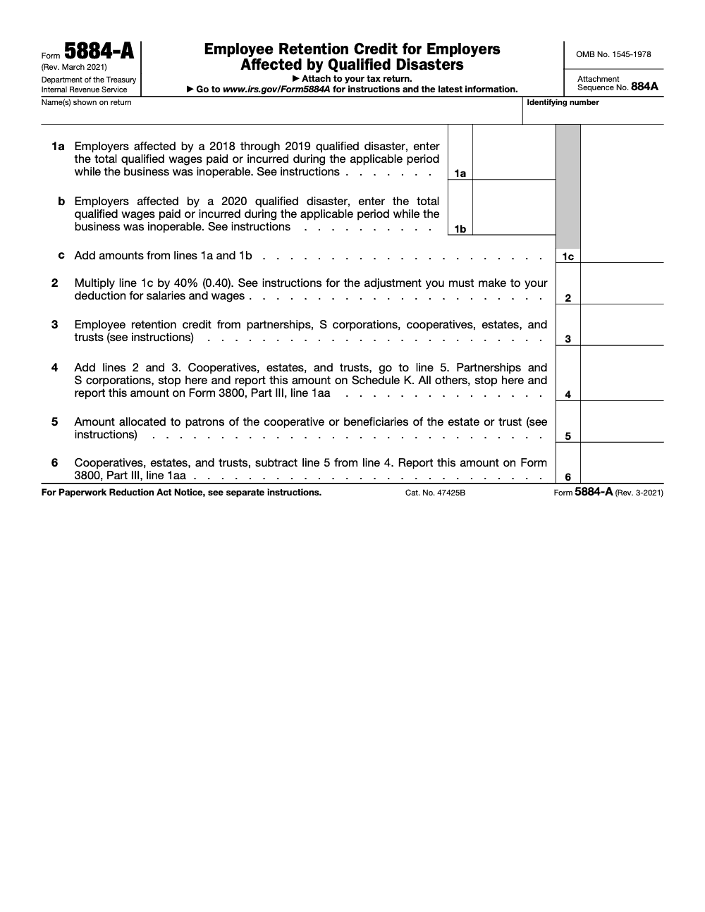 Page 1 of 1 of the official IRS Form 5884‑A PDF (Rev. March 2021): Part III