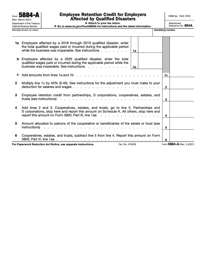 Page 1 of 1 of the official IRS Form 5884‑A PDF (Rev. March 2021): Part III