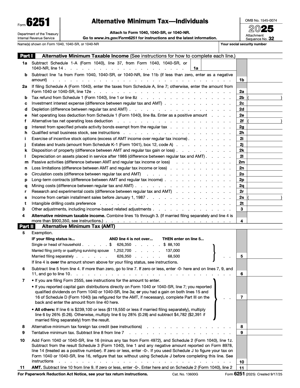 Page 1 of 2 of the official IRS Form 6251 AMT PDF (2025 edition): Part I