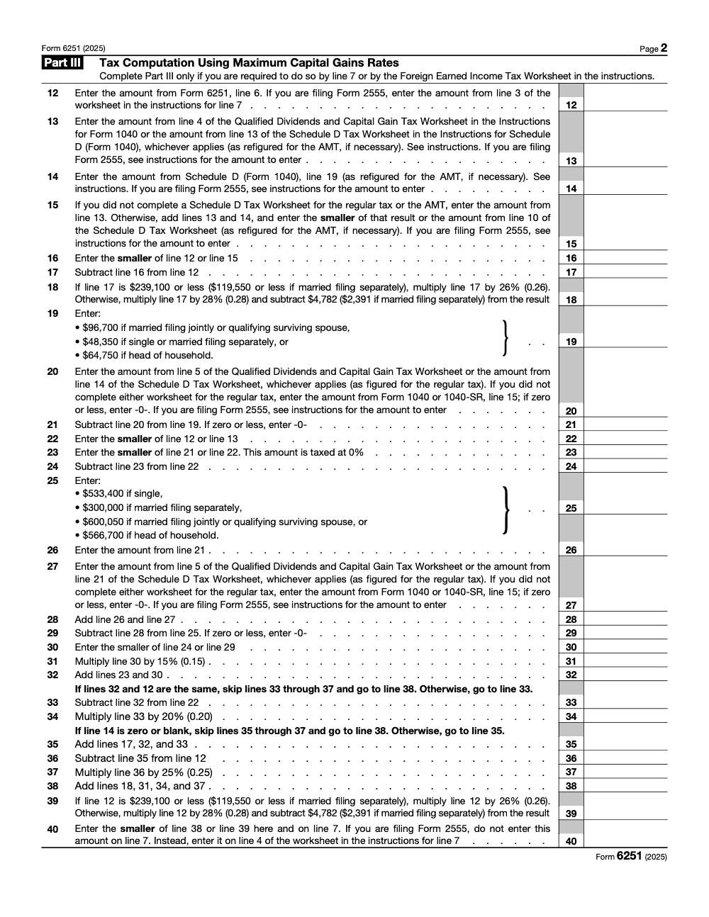 Page 2 of 2 of the official IRS Form 6251 AMT PDF (2025 edition): Part III