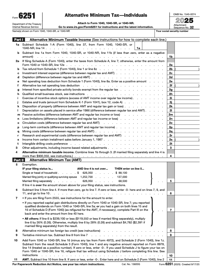 Page 1 of 2 of the official IRS Form 6251 AMT PDF (2025 edition): Part I
