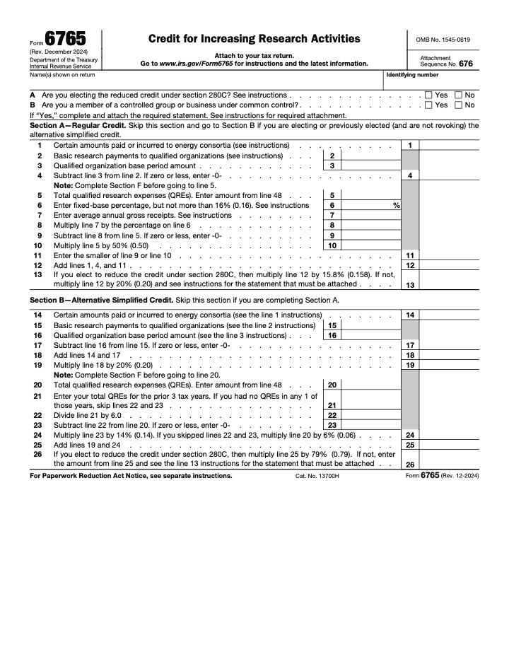 Page 1 of 4 of the official IRS Form 6765 PDF (Rev. December 2024)