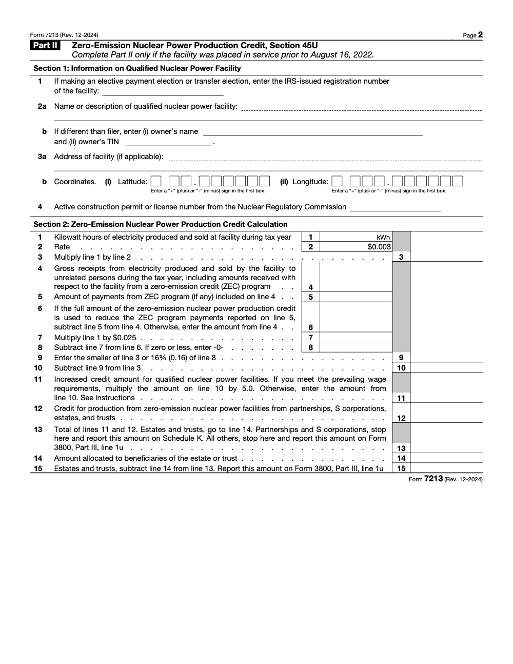 Page 2 of 2 of the official IRS Form 7213 PDF (Rev. December 2024): Part II