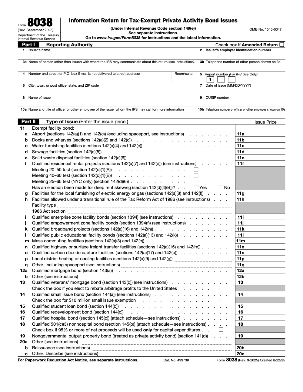 Page 1 of 3 of the official IRS Form 8038 Guide PDF (Rev. September 2025): Parts I, II