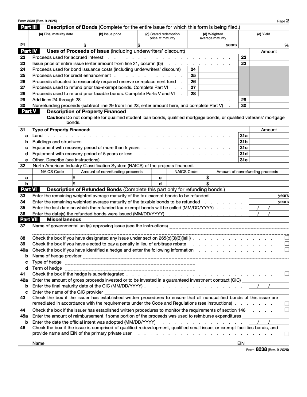 Page 2 of 3 of the official IRS Form 8038 Guide PDF (Rev. September 2025): Parts III, IV, VI, V, VII