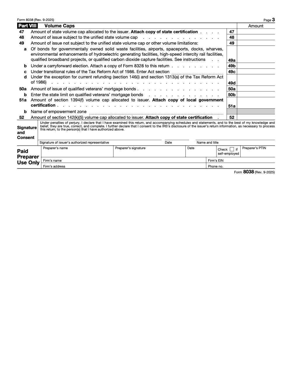 Page 3 of 3 of the official IRS Form 8038 Guide PDF (Rev. September 2025): Part VIII