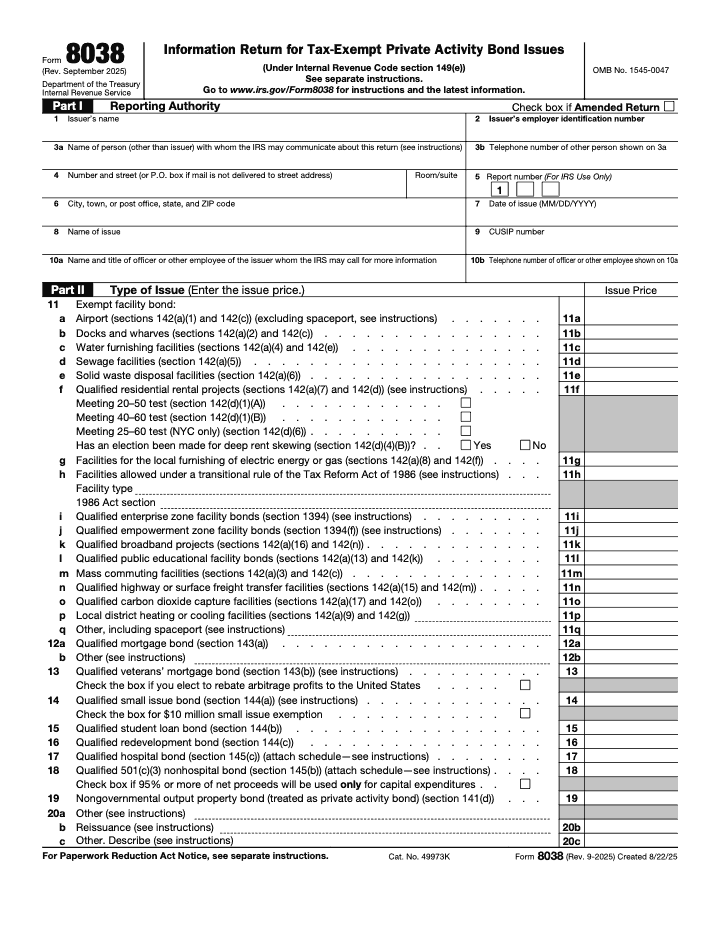 Page 1 of 3 of the official IRS Form 8038 Guide PDF (Rev. September 2025): Parts I, II