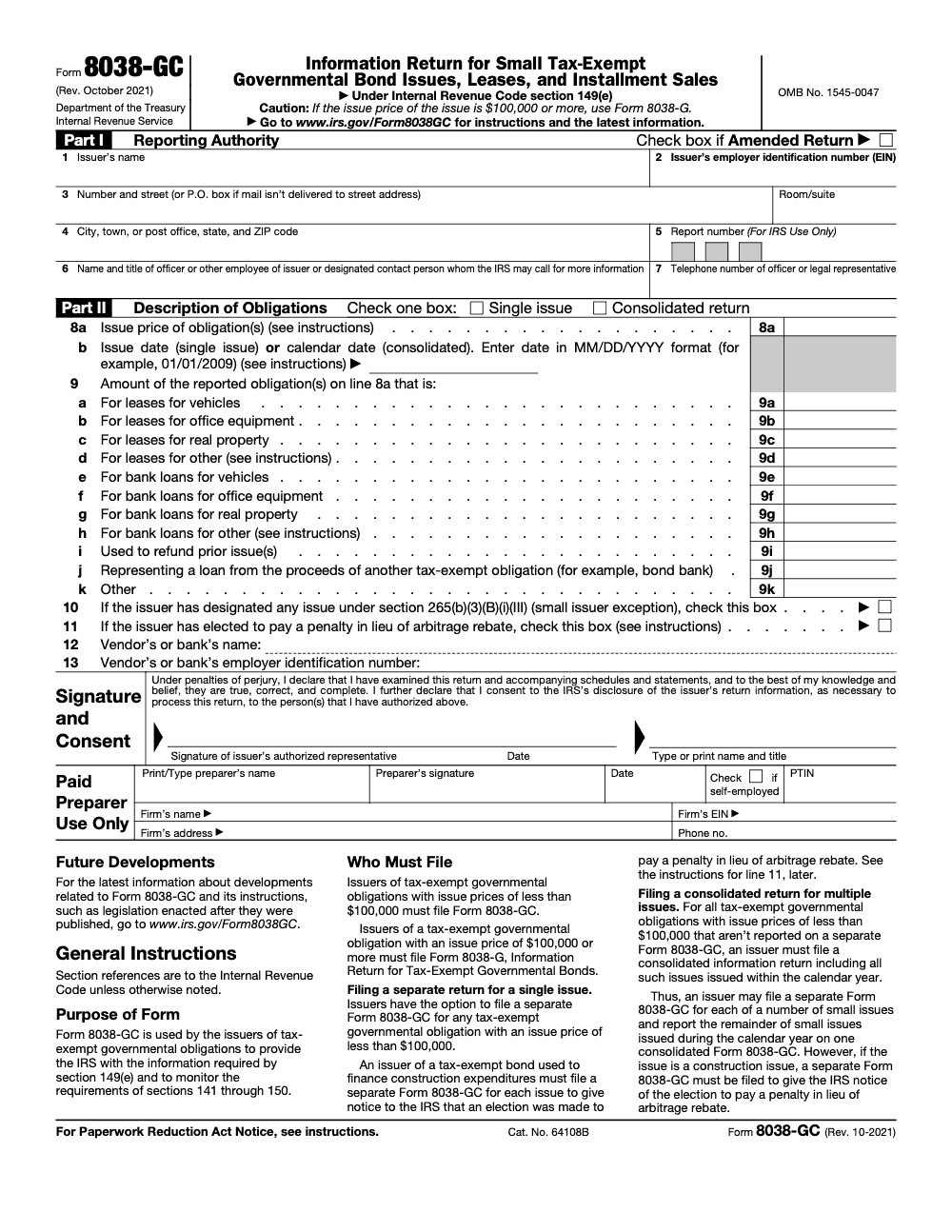 Page 1 of 3 of the official IRS Form 8038‑GC PDF (Rev. October 2021): Parts I, II