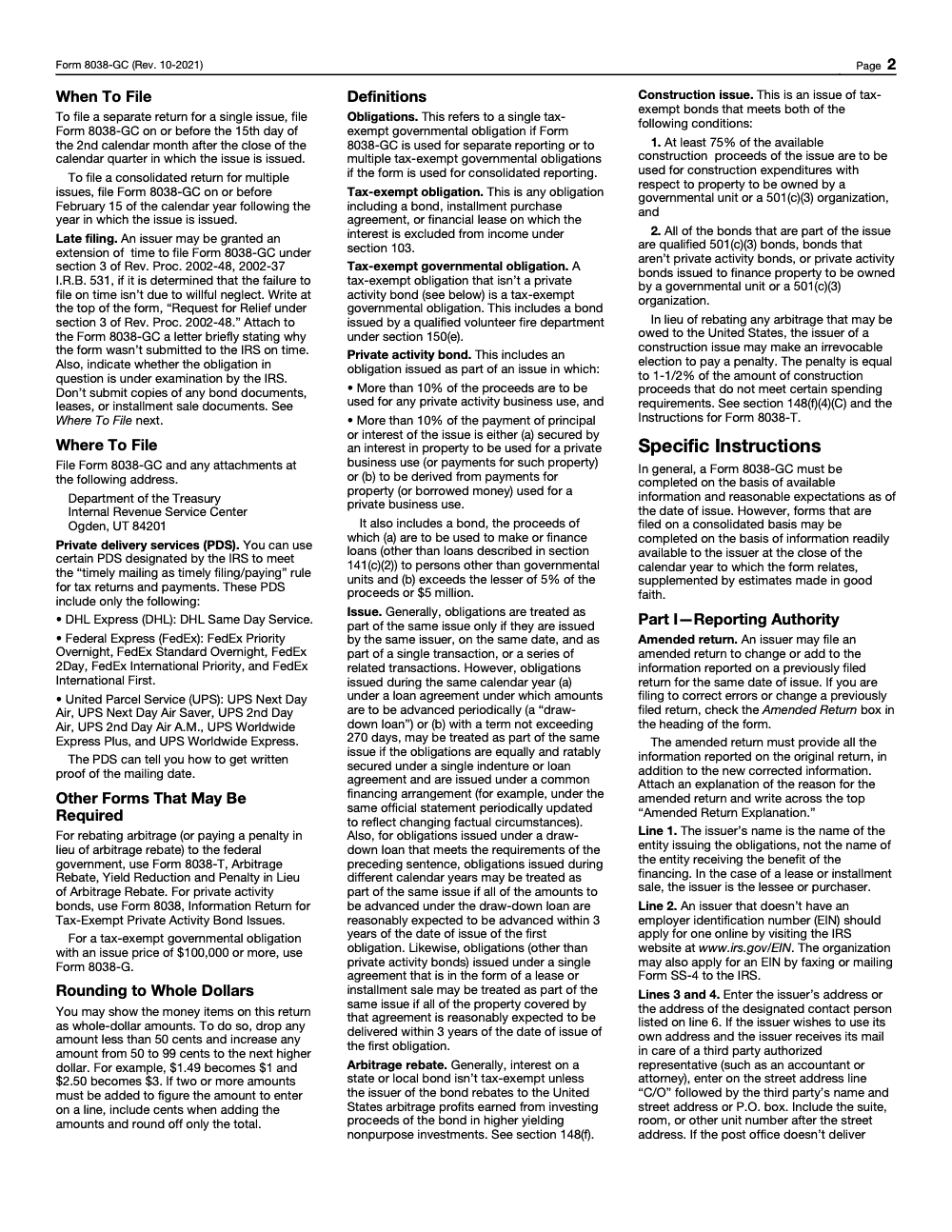 Page 2 of 3 of the official IRS Form 8038‑GC PDF (Rev. October 2021)