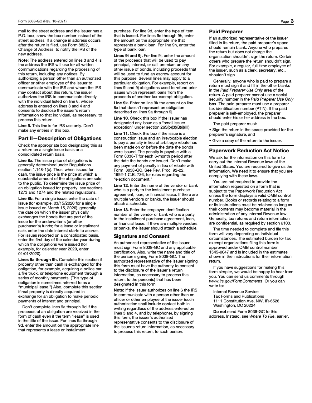 Page 3 of 3 of the official IRS Form 8038‑GC PDF (Rev. October 2021): Part II