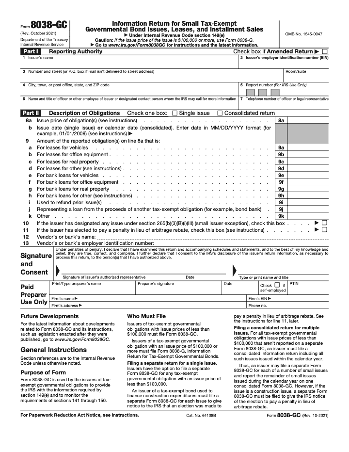 Page 1 of 3 of the official IRS Form 8038‑GC PDF (Rev. October 2021): Parts I, II