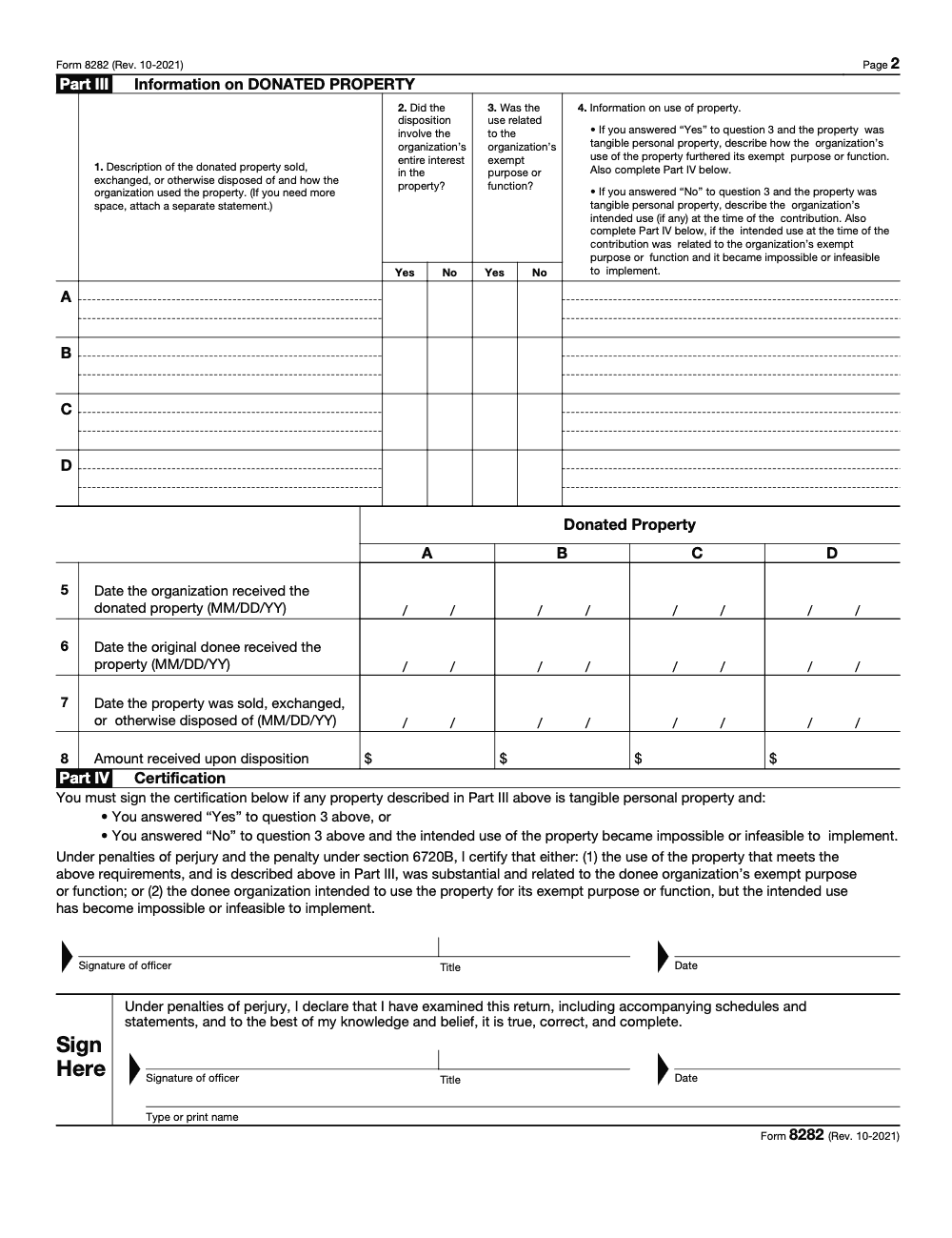 Page 2 of 4 of the official IRS Form 8282 PDF (Rev. October 2021): Parts III, IV