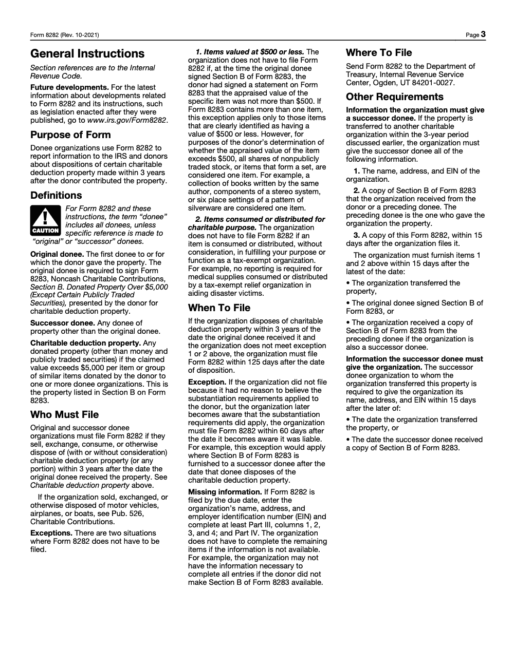 Page 3 of 4 of the official IRS Form 8282 PDF (Rev. October 2021): instructions