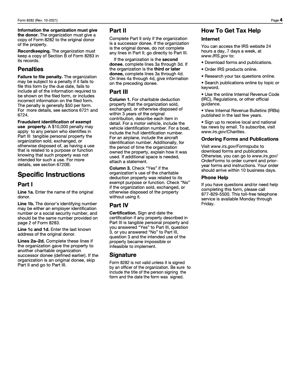 Page 4 of 4 of the official IRS Form 8282 PDF (Rev. October 2021): Parts III, I, II; instructions