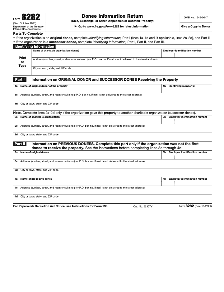 Page 1 of 4 of the official IRS Form 8282 PDF (Rev. October 2021): Parts I, III, II
