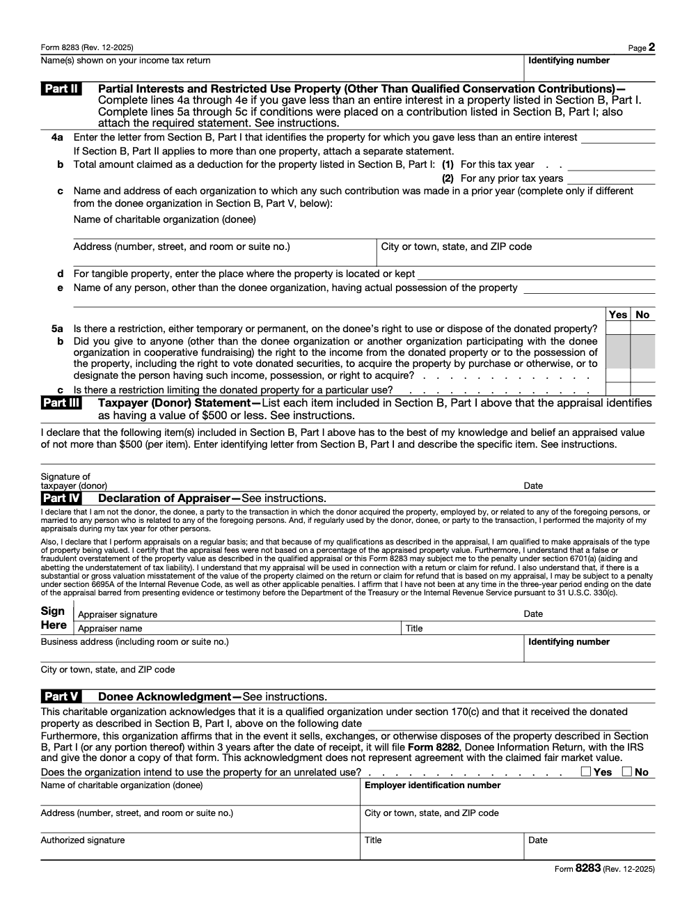 Page 2 of 2 of the official IRS Form 8283 PDF (Rev. December 2025): Parts II, I, V, III, IV