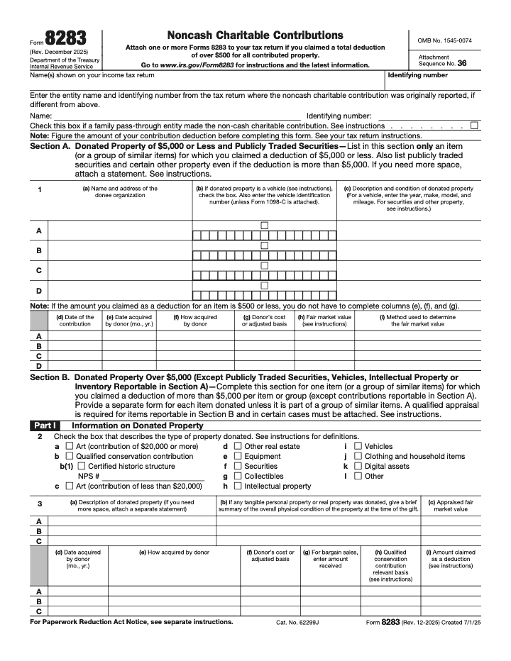 Page 1 of 2 of the official IRS Form 8283 PDF (Rev. December 2025): Part I