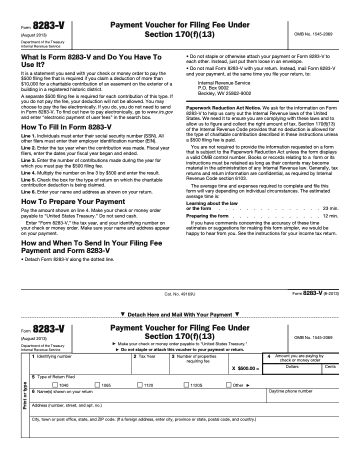 Page 1 of 1 of the official IRS Form 8283-V PDF (Rev. August 2013): payment voucher
