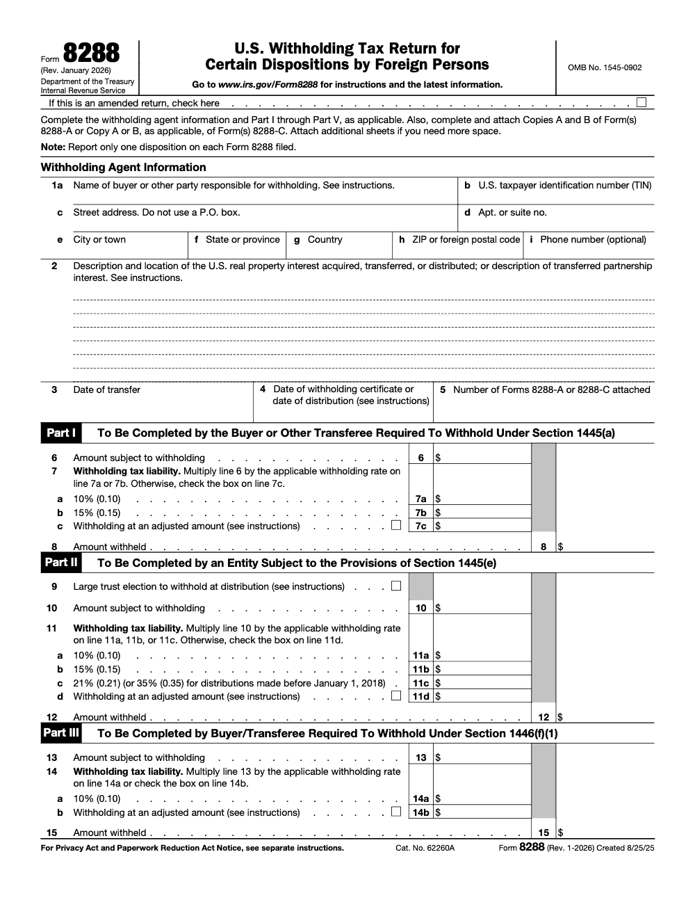 Page 1 of 2 of the official IRS Form 8288 PDF (Rev. January 2026): Copy A; Parts I, V, II