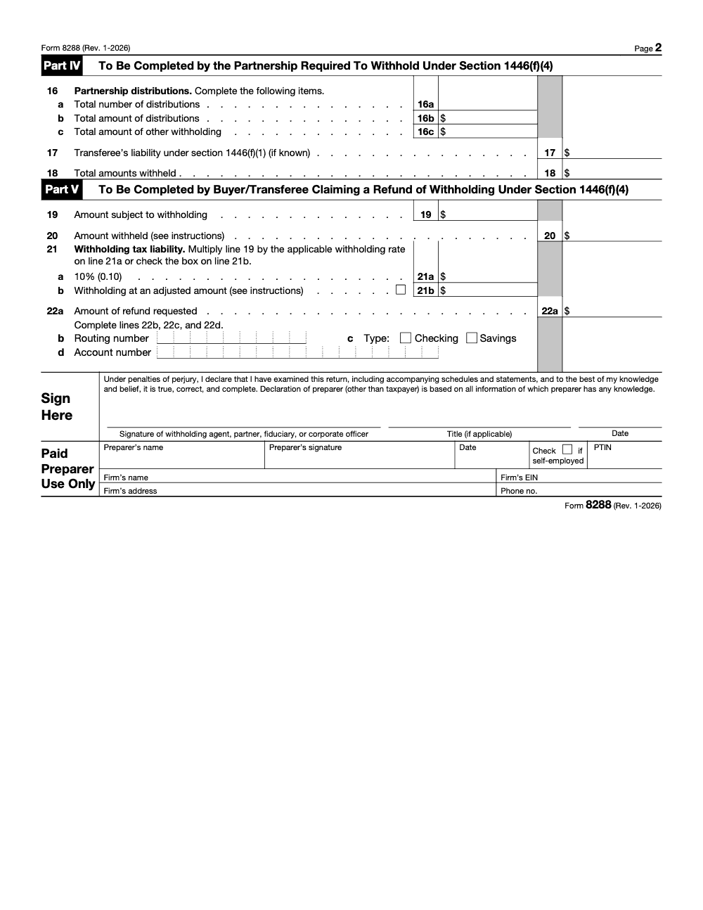 Page 2 of 2 of the official IRS Form 8288 PDF (Rev. January 2026): Parts IV, V