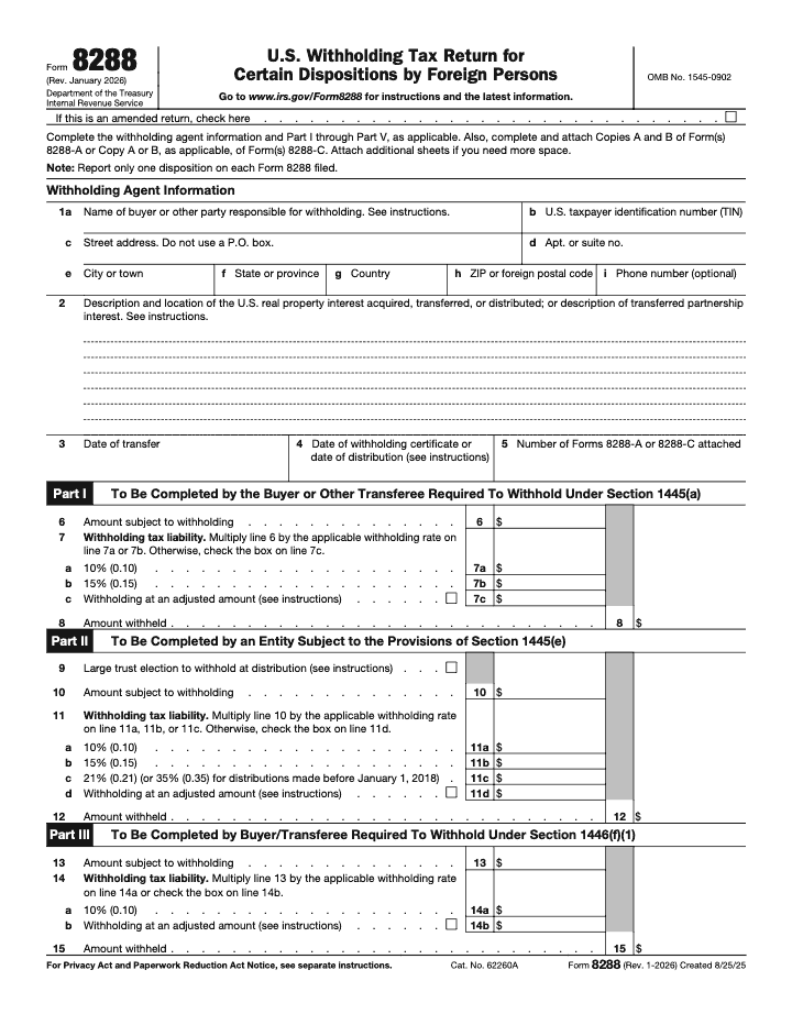 Page 1 of 2 of the official IRS Form 8288 PDF (Rev. January 2026): Copy A; Parts I, V, II