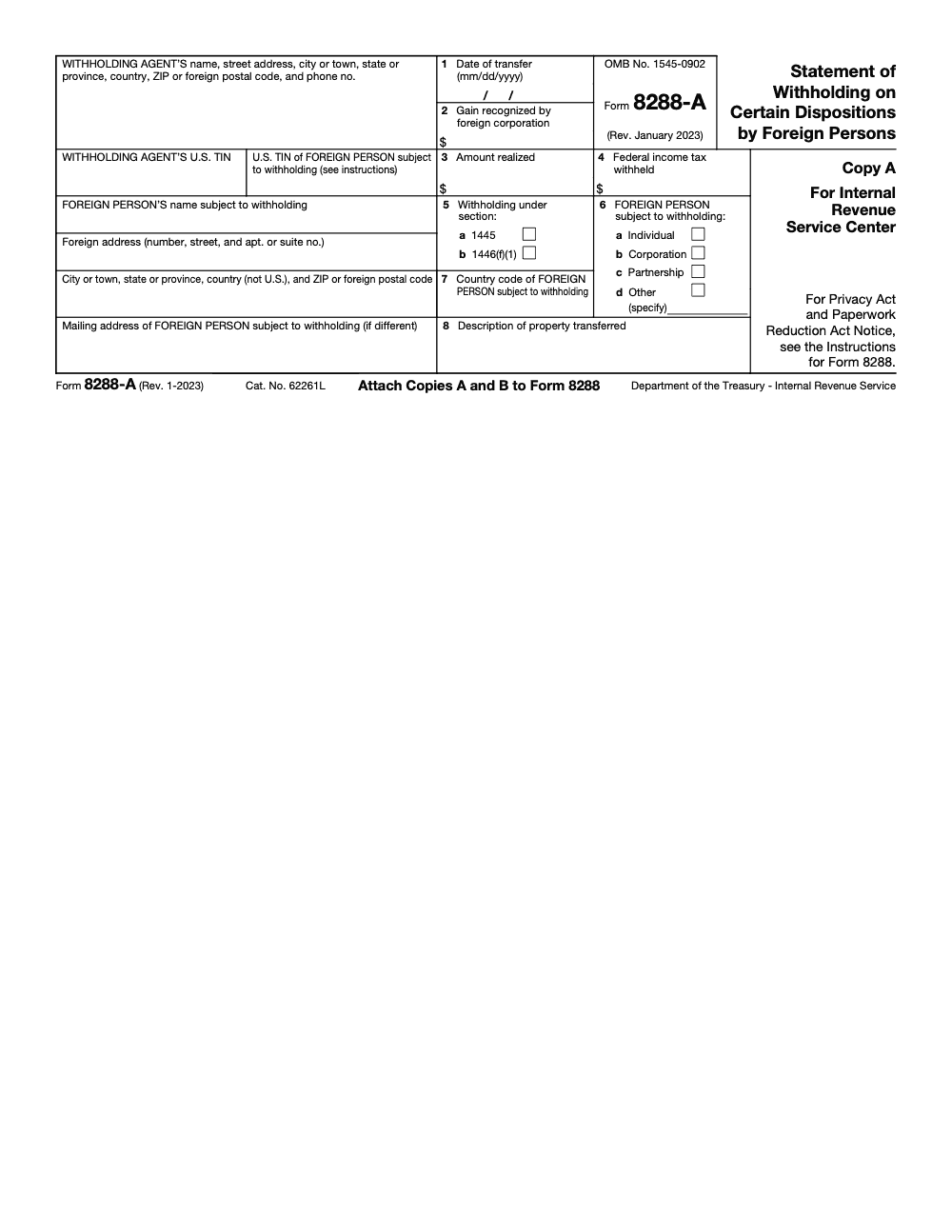 Page 1 of 5 of the official IRS Form 8288-A PDF (Rev. January 2023): Copy A