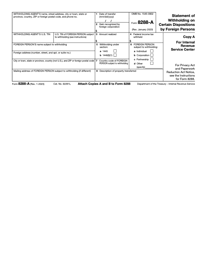 Page 1 of 5 of the official IRS Form 8288-A PDF (Rev. January 2023): Copy A