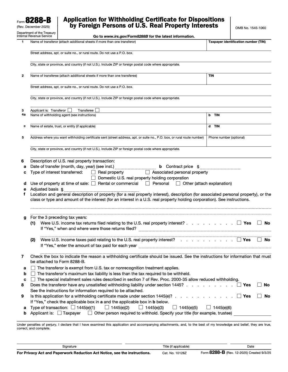 Page 1 of 4 of the official IRS Form 8288‑B PDF (Rev. December 2025)