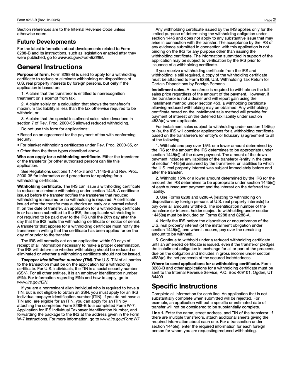 Page 2 of 4 of the official IRS Form 8288‑B PDF (Rev. December 2025): instructions