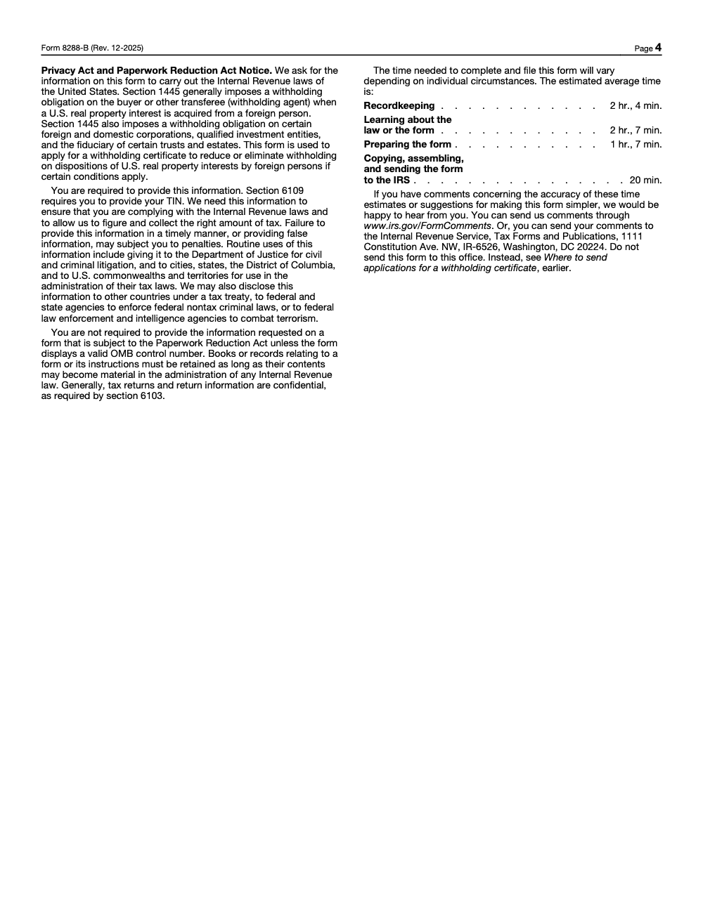 Page 4 of 4 of the official IRS Form 8288‑B PDF (Rev. December 2025)